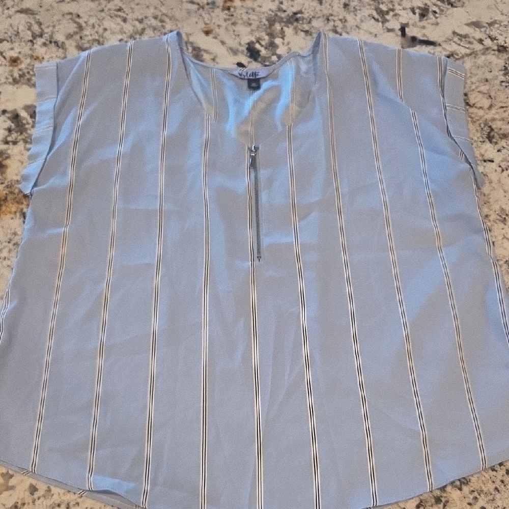 Light Blue Striped Zip-Front Blouse